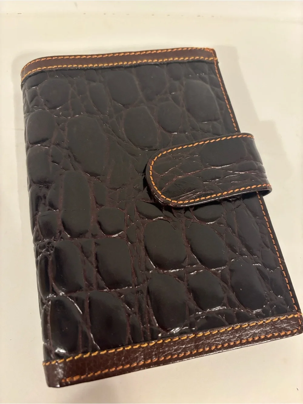 Croc Embossed Clutch/Wallet Snap Closure Dark Brown Orange Stitching 4.25 x 6”